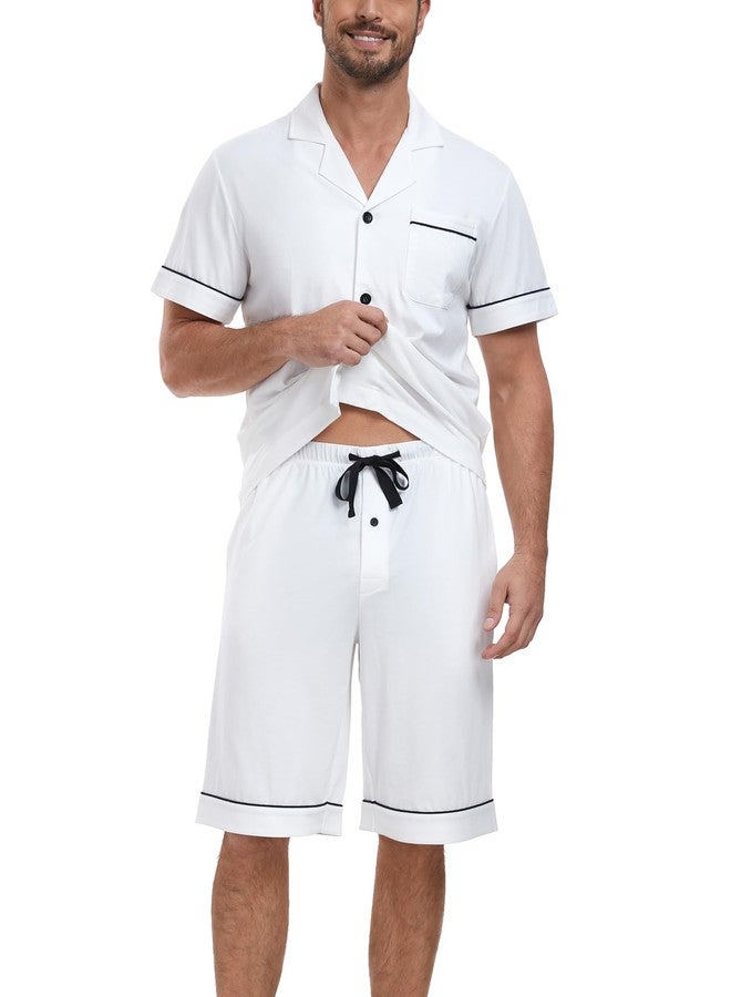 COLORFULLEAF 100% Cotton Mens Pajamas Set Shorts Button Down Sleepwear Short Sleeve Nightwear Summer Pjs with Pockets (White,M) - Image 2